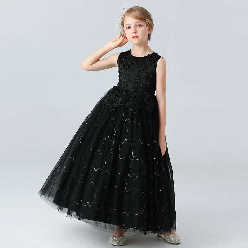 4-14 year old girl\'s party dress sleeveless mesh embroidery Festival Party communion Party Princess Dress Sequin long dress