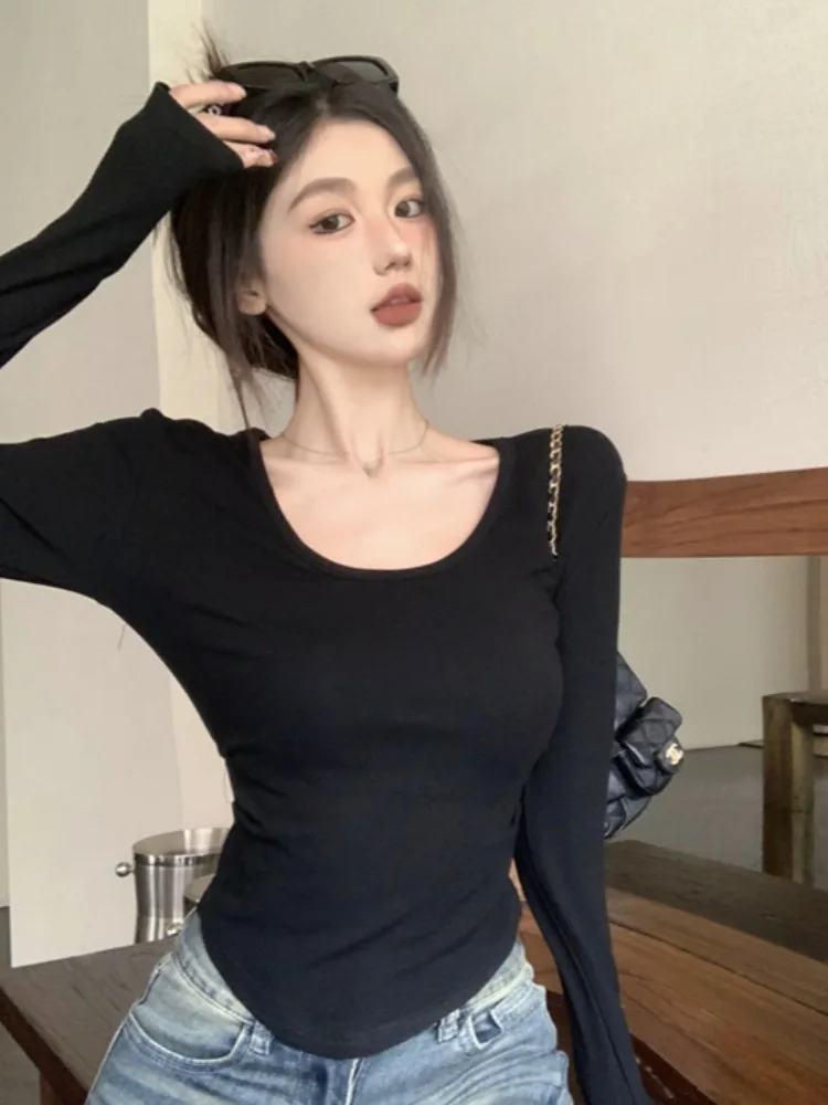 

Black Long Sleeve U-Neck T-Shirt Women's Sexy Slim Fit Base Shirt American Retro Style Commute round Neck Short Length Body S...