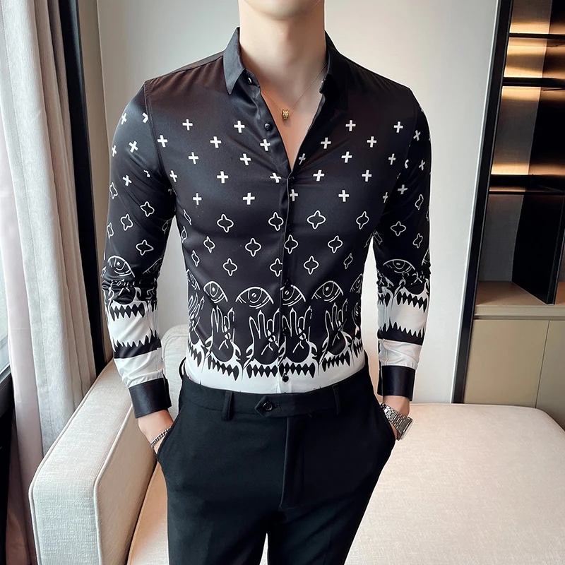 2022 New High Quality Men Hawaiian Style Casual Multi-color Print Travel Shopping Retro Ethnic Style Long Sleeve Slim Shirt