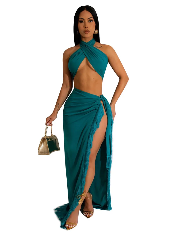 

Women Bandages 2pcs Set Cutout Strapless Corset+Tassels Side High Split Skirt Sexy Suit Seaside Holiday Party Two Piece Outfit