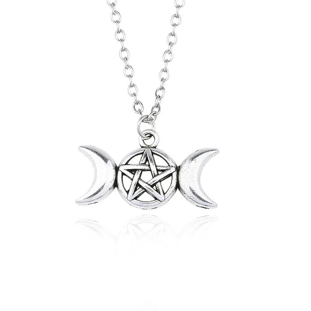 Triple Moon pendant wiccan jewelry triple goddess pentacle necklace pentagram pagan necklace