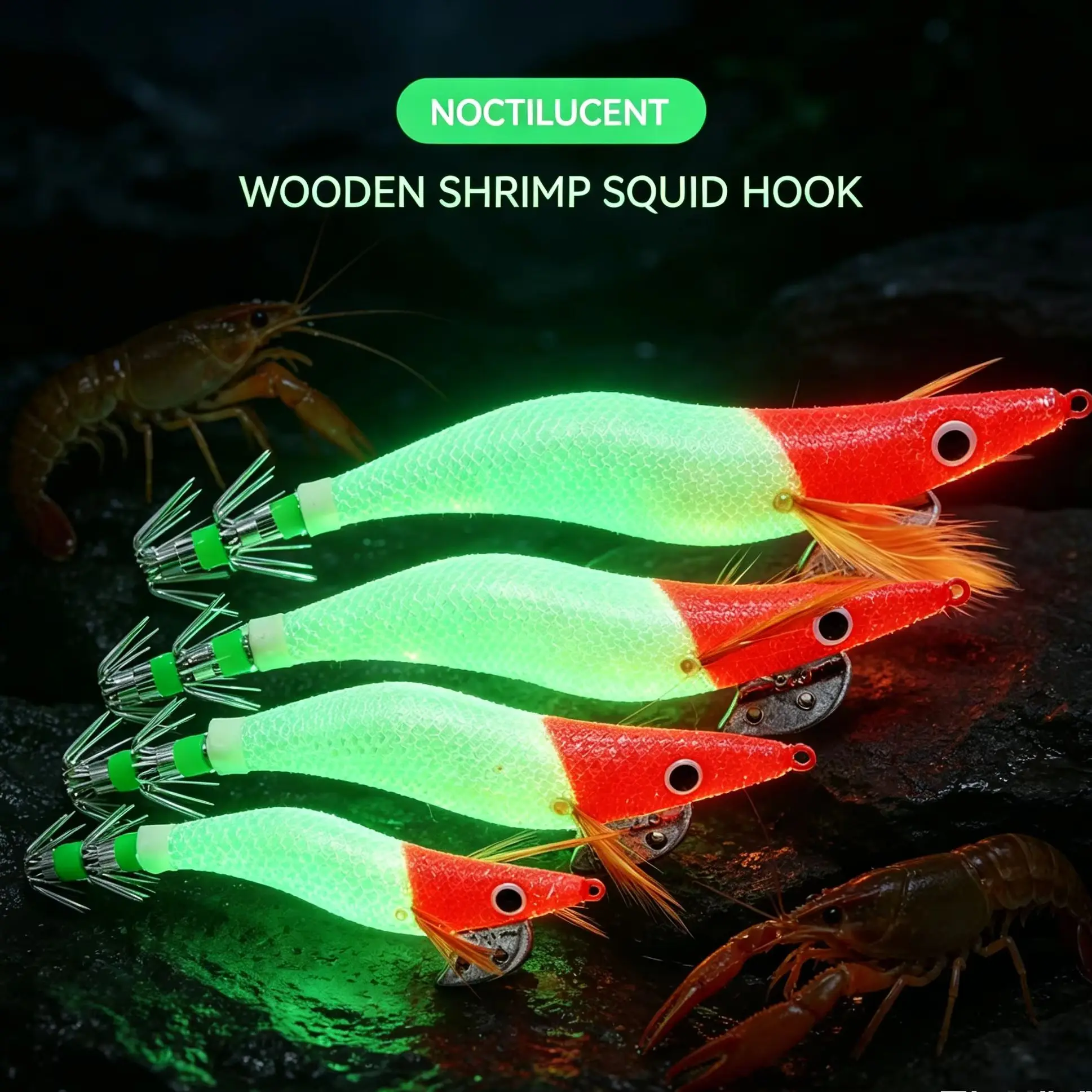 

Набор из 10 светящихся деревянных приманок для кальмаров и креветок - Бионическая светящаяся приманка для морской рыбалки, жесткая приманка для ловли кальмаров