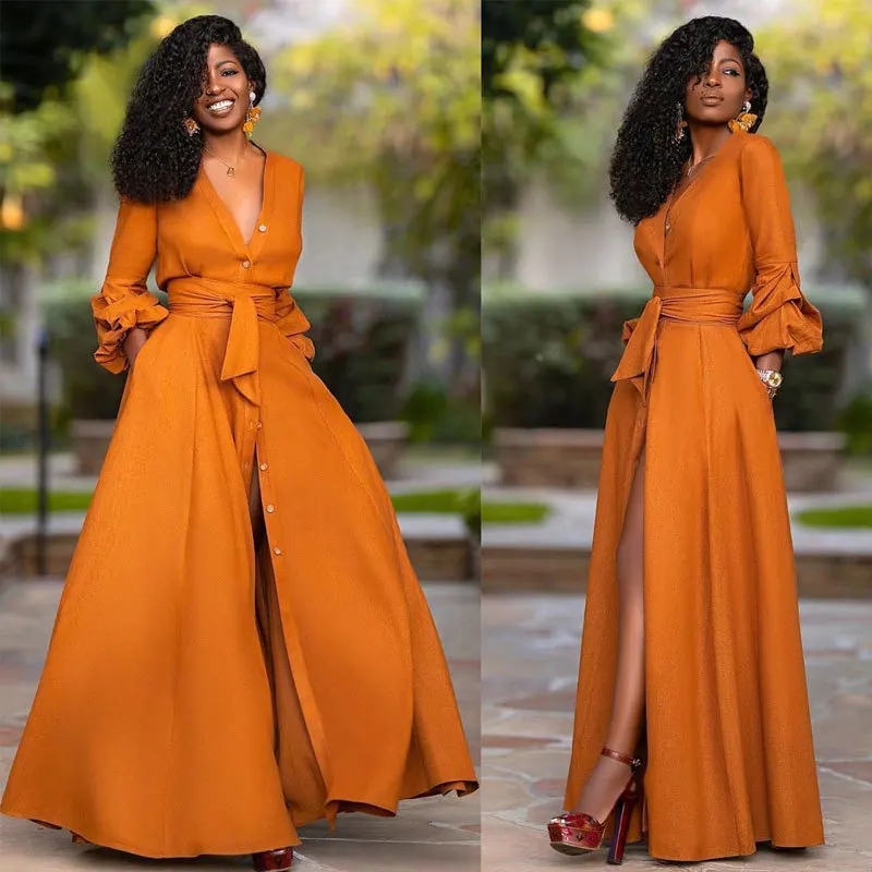 Fashion Summer Long Sleeve Women Sundress Elegant Bow Tie High Split Casual Dress Deep V Neck Solid Pocket Long Maxi Party Dress