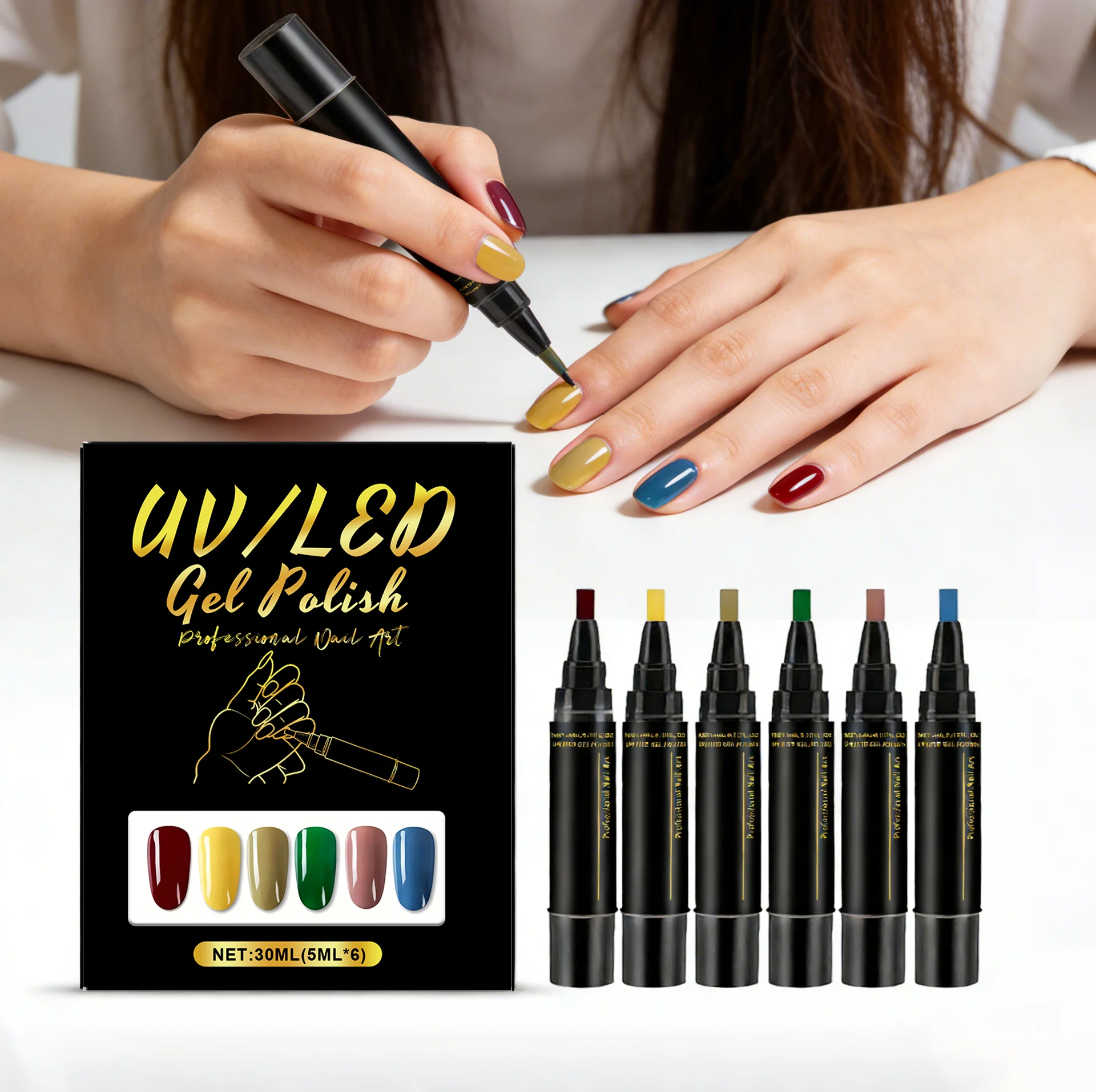 

6 Color Nail Polish Pen Bright Color Smooth Drawing Quick Dry Long Wear Easy Grip Portable DIY Nail Creation Nail Art Pens Set