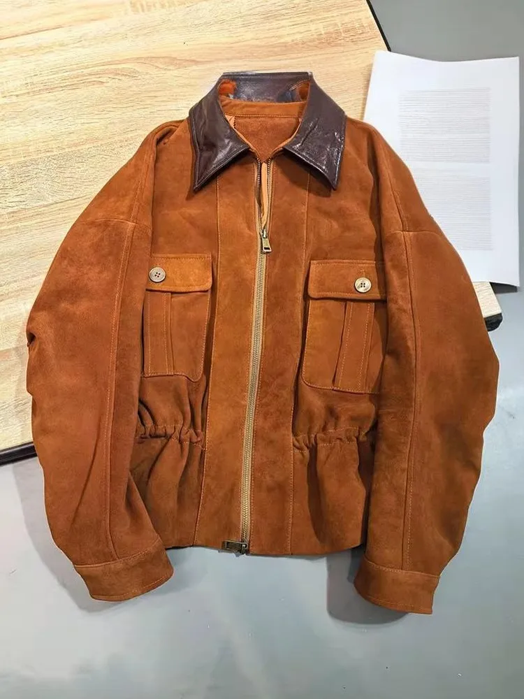 Herbst Winter Mode Damen Designer Reißverschluss Schaffell Lose Sreal Wildleder Damen Jacke Ärmel mit Schulter Oberbekleidung