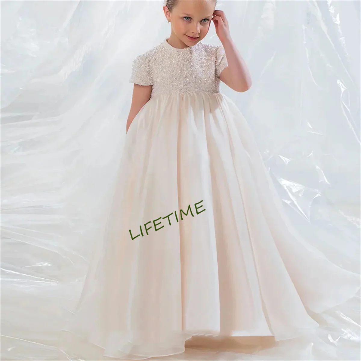 Elegant Ivory Dubai Girl Dress Beads Pearl Arabric Princess Kids Wedding Birthday Party First Communion Gown 2024