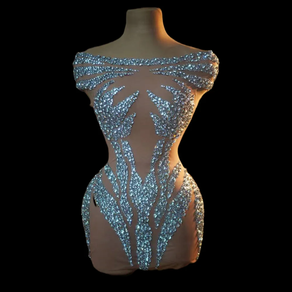 

Sexy See Through Rhinestone Strapless Birthday Prom Bodycon Dress Fashion Women Party Formal Evening Dress Night Club Prom Gowns