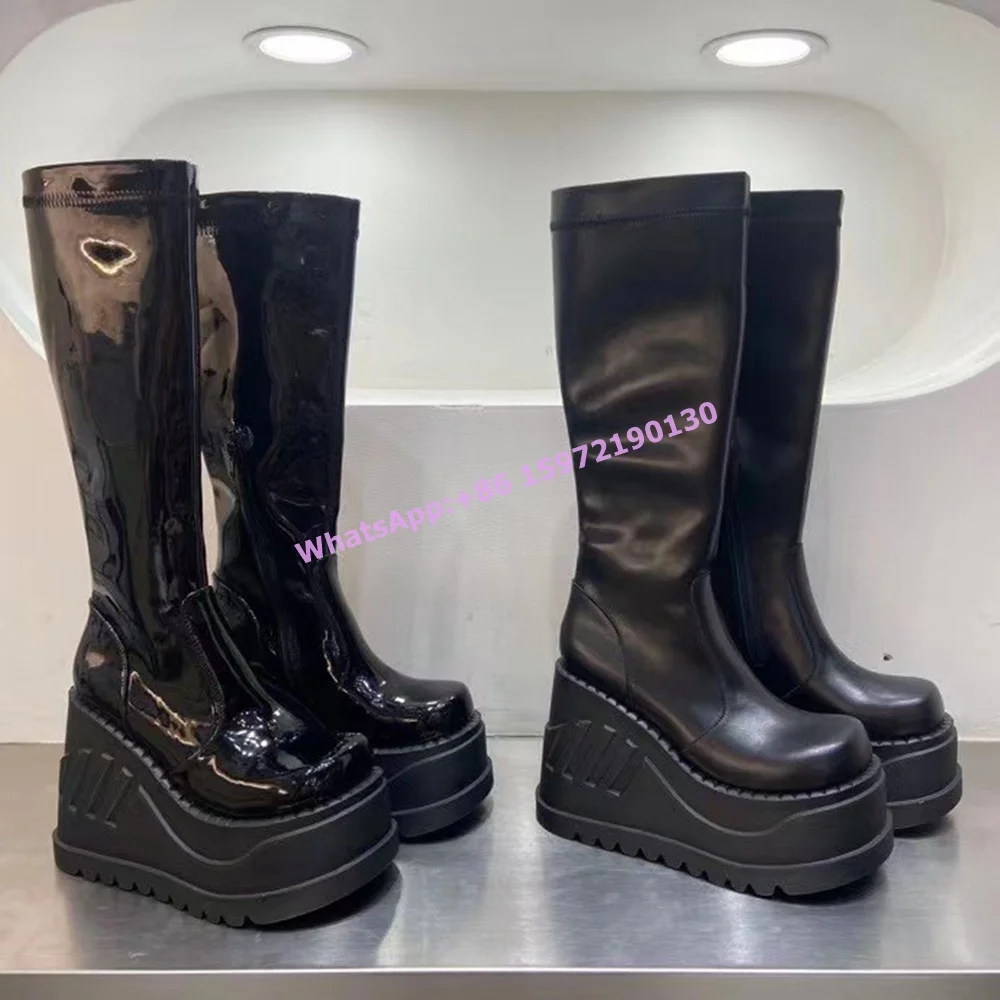 Platform Wedges Knee High Boots Patent Leather Solid Black Round Toe Thick Soled High Increase Shoes Winter Hotties Party Shoes