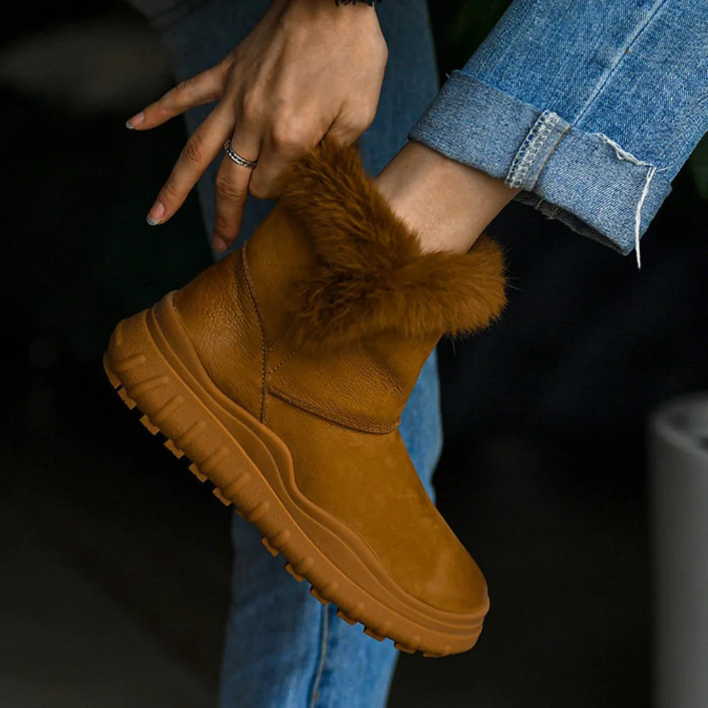 Women Ginger Yellow Genuine Suede Winter Ankle Boots Fur Collar Thick Platform Sole Warm Plush Lined Snow Booties