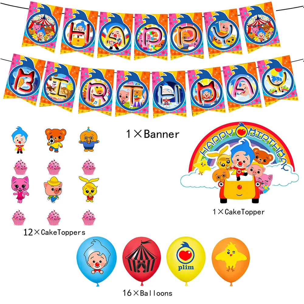 Clown Plim Birthday Party Decoration Plim foil Balloons Latex Balloon Backdrop Banner Cake Topper Baby Shower