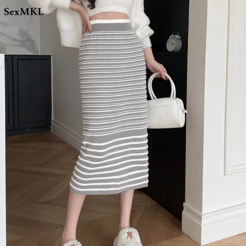 

Casual Mid Length Striped Skirts Women 2024 Autumn Winter High Waist Faldas Mujer Korean Fashion Clothing Harajuku Knitted Skirt