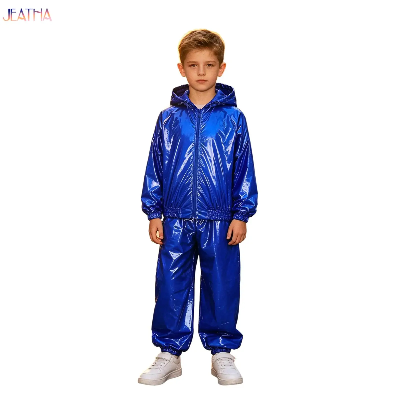 Kids Boys Girls Hip Hop Street Dance Outfit Fashion Water Resistant Long Sleeve Drawstring Hooded Jacket Raincoat+Jogger Pants