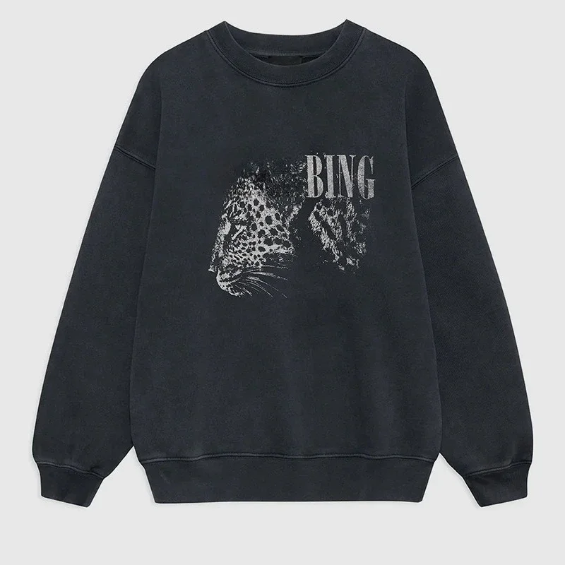 سترة نسائية لعام 2026 مطبوع عليها حروف على شكل رأس الفهد لخريف وشتاء جديد غير موصول ومغسول بلون مقلي على الطراز القديم ملابس تريكو مريحة