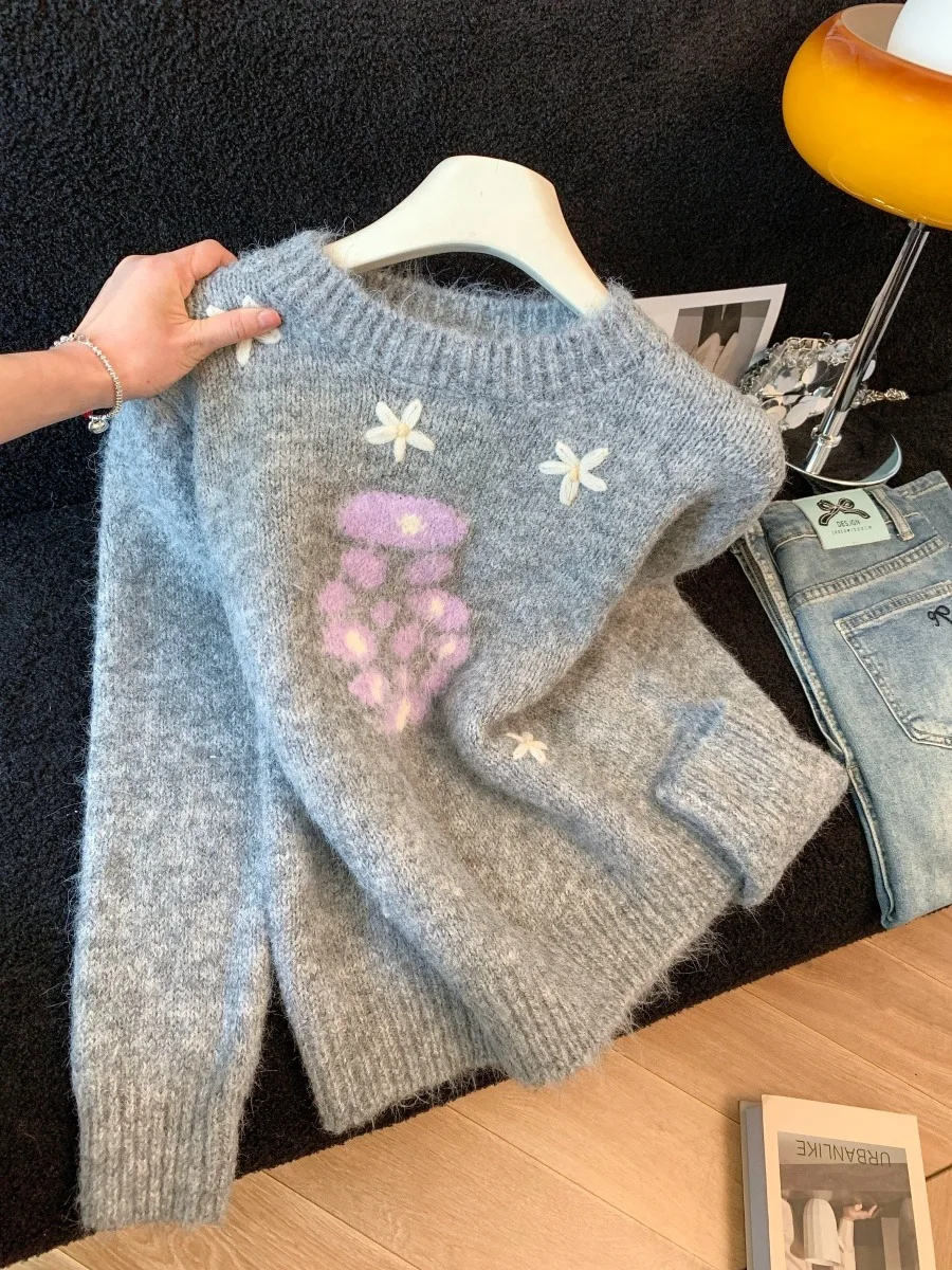 Ręcznie Haftowany Sweter Oversize z Kolorowymi Blokami, Gruby, Dzianinowy dla Kobiet, Jesień Zima, Nowa Koreańska Luźna Odzież Dzianinowa