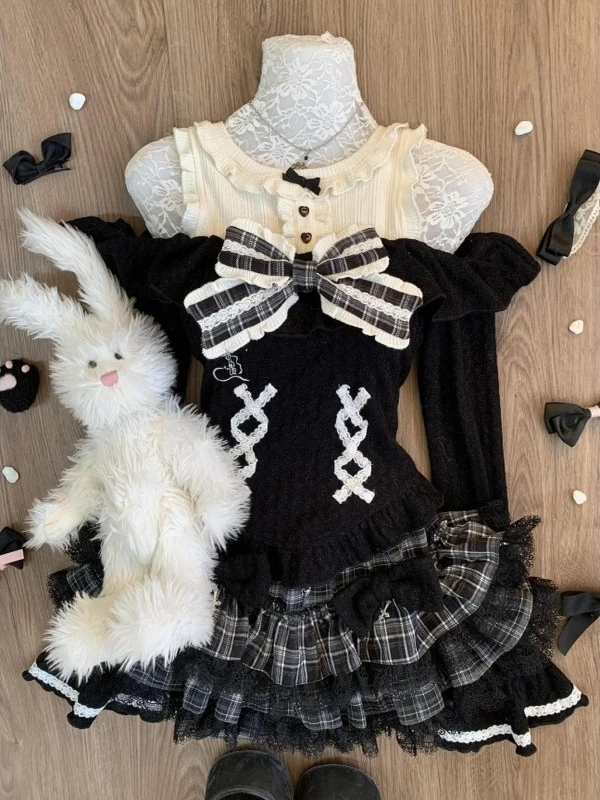 

Bla Knitted Top with Bow Tie Plaid Skirt Gothic Light Sle Evening Overture Two Piece Set for Teenage Girls Winter Faion