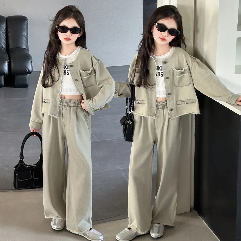 

teenager ensemble jeans fille Edge denim jacket+Wide leg pants 2pcs junior kid girls clohtes suit child outfits conjunto de nino