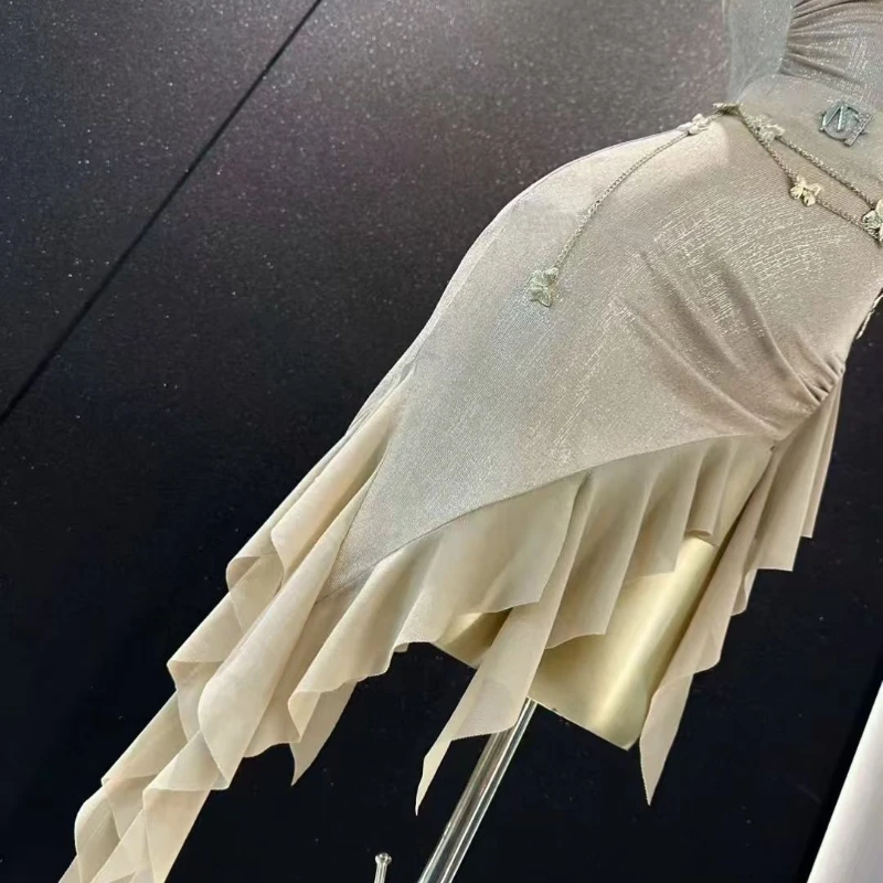 Sexy Latin Dance Kleid Anzug Frauen Off-the-schulter Taille Kette Rock Samban Rumba Salsa Dance Training Leistung sey Kostüm