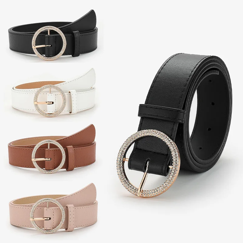 

Women's Fashionable Versatile Belt with Rhinestone-Embellished Round Buckle and Retro Decorative Dress Casual Denim Pants Belt