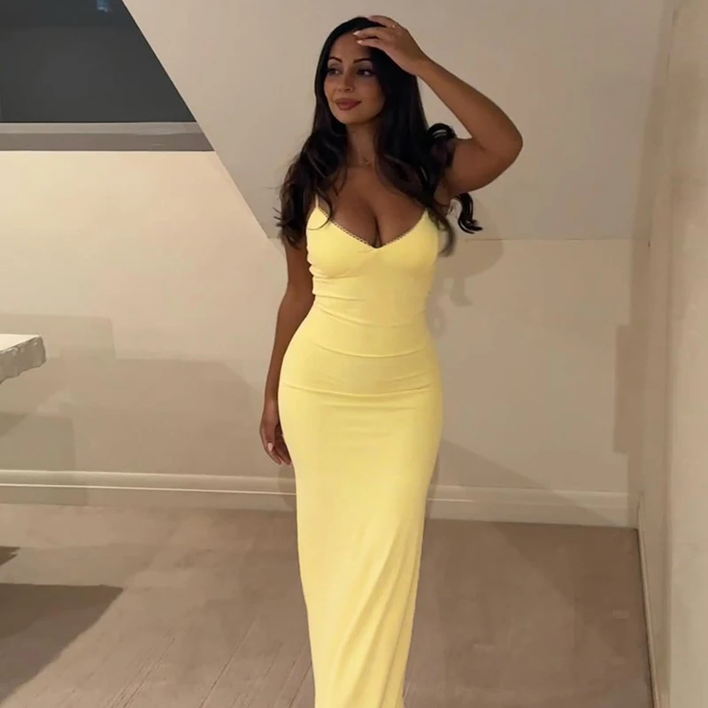 Sexy Spaghetti Strap espalda descubierta corte bajo ceñido Maxi Vestido mujeres sólido elegante Vestido de fiesta 2025 noche de verano graduación Y2K ropa
