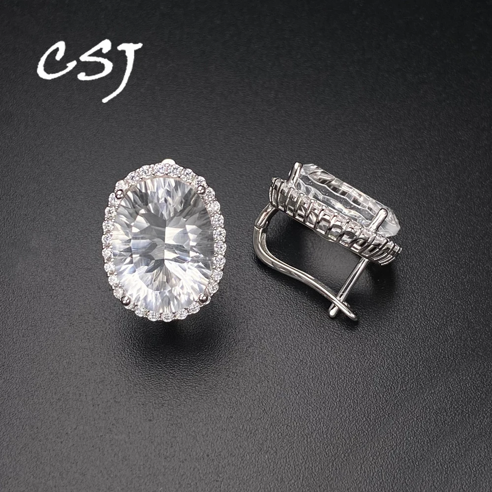Trendy Natural White Crystal Earring 925 Silver Cancave Cut Gemstone 12*26mm for Women Party Birthday Christmas Jewelry Gift
