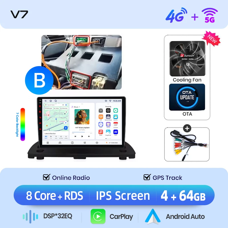 Junsun draadloze CarPlay Android Auto autoradio voor Volvo XC90 Mk1 (P2) 2002-2014 met ingebouwde koelventilator, Android GPS navigatie, multimediaspeler, WiFi, DSP, RDS, BT, SWC, IPS touchscreen,