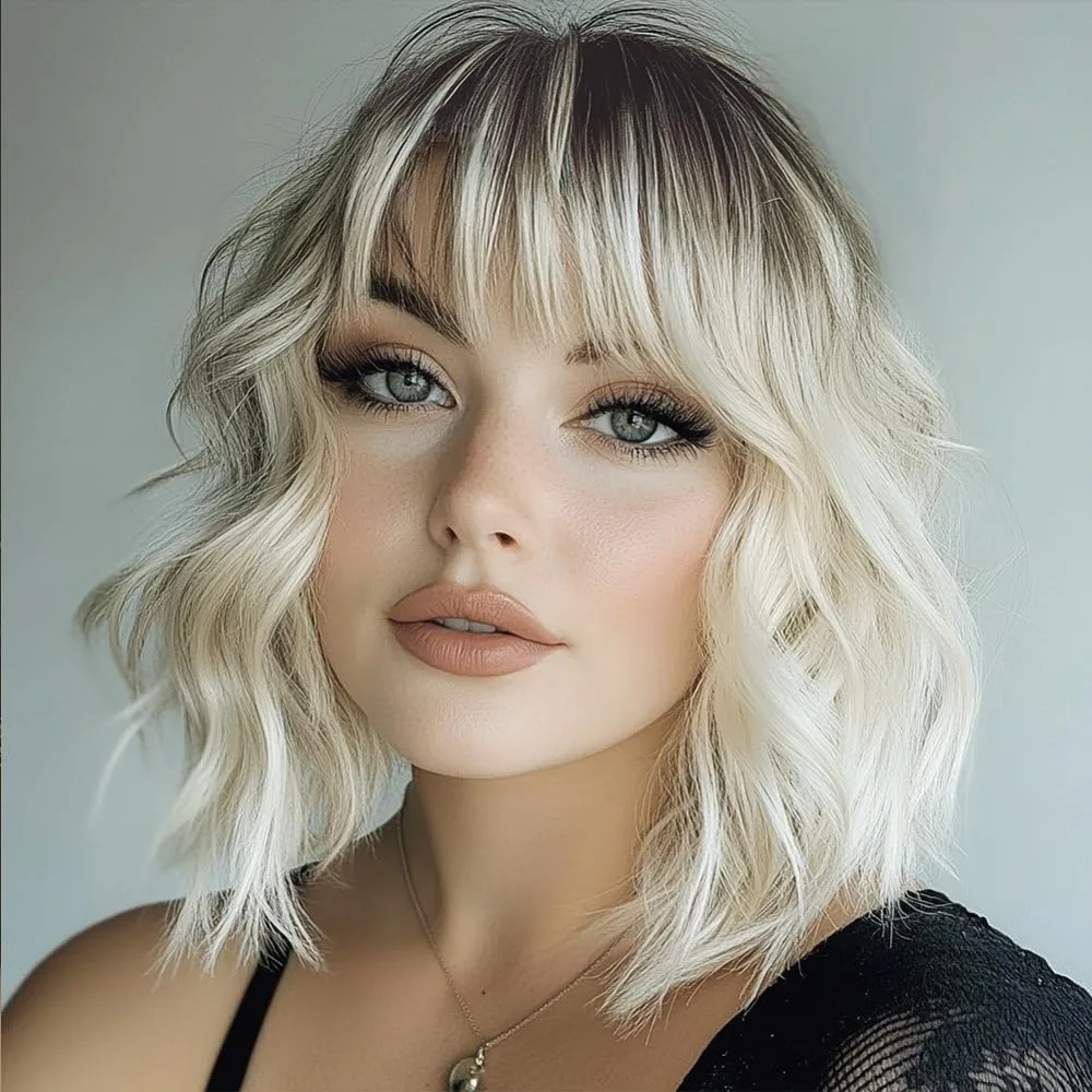 Synthetic Women's Short Bob Wavy Hair with Bangs, Short Curly Shoulder-Length Voluminous Wig, Voluminous Hairpiece