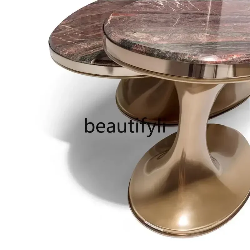 

Italian light luxury natural marble luxury stone oval metal living room coffee table combination0420