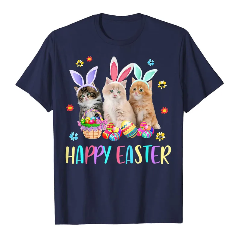 Happy Easter Three Cat Wearing Bunny Ear Kitty Kitten Lover T-Shirt Lovely Gifts Cute Cat-Lover Graphic Tee Tops Egg Hunt Outfit