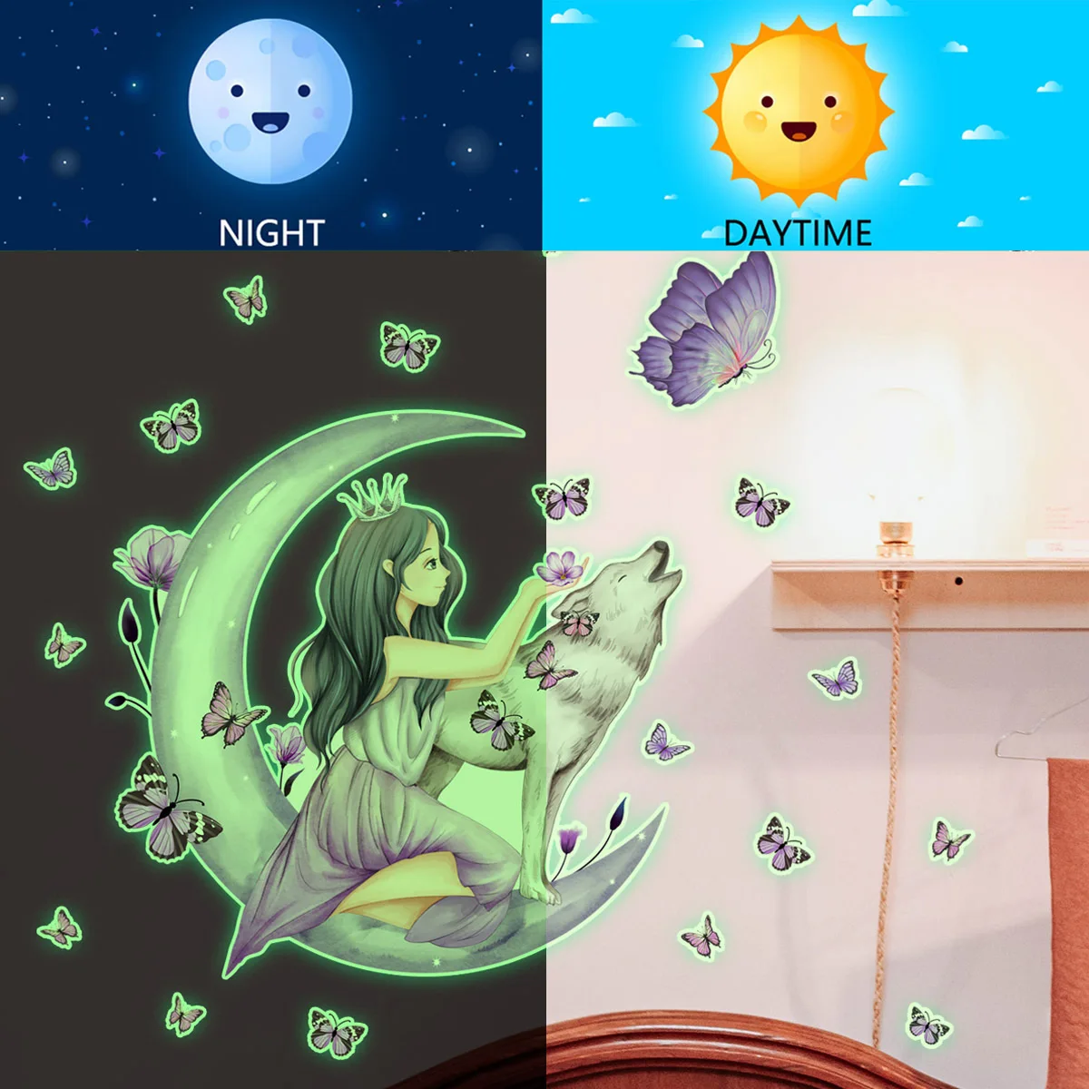 30*30cm Luminous Stickers Girl Moon Butterfly Wall Stickers Living Room Bedroom Study Dining Decorative Wall Stickers Ycg4049