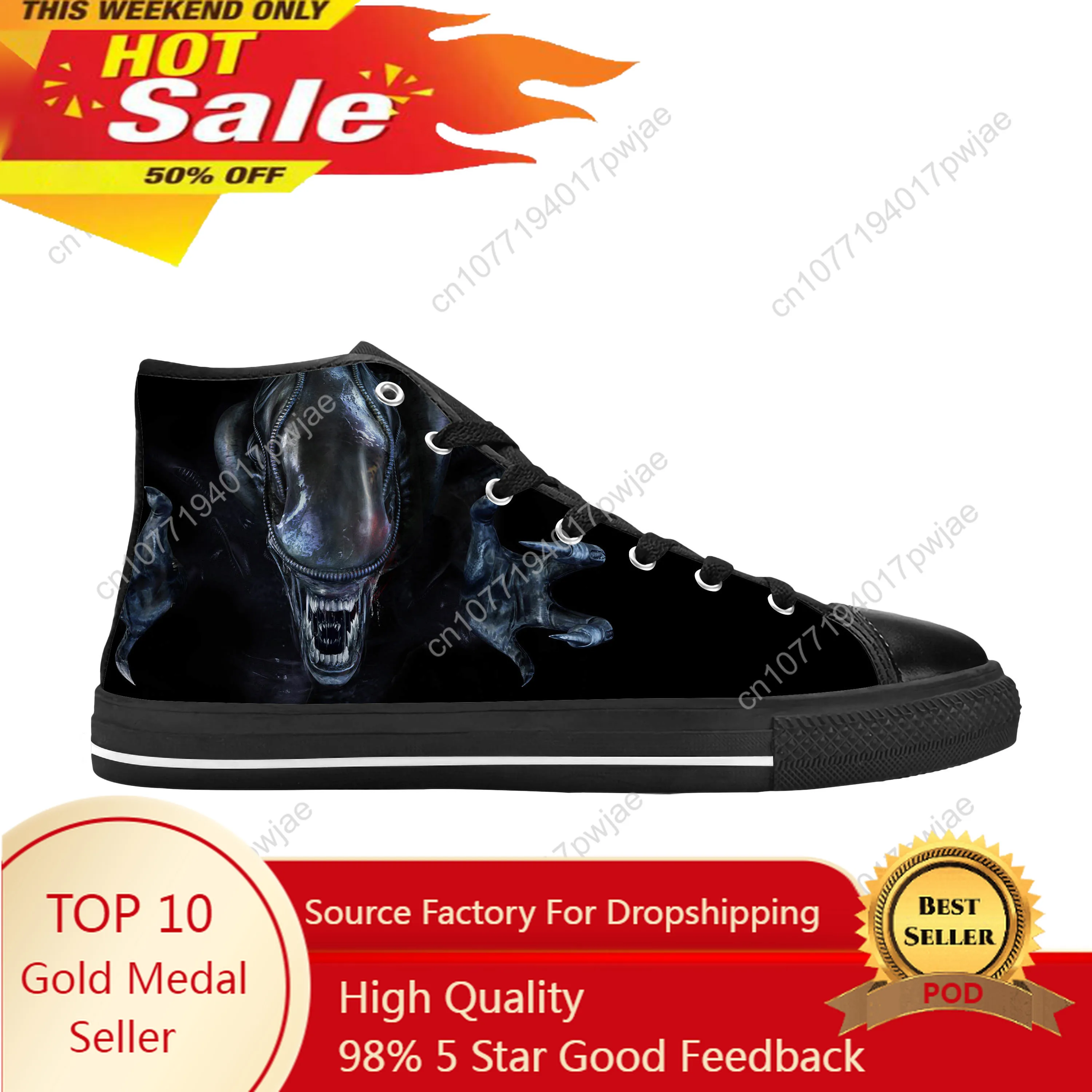 Hot Xenomorph Alien Horror Scary Gothic Halloween Casual Cloth Shoes High Top Comfortable Breathable 3D Print Men Women Sneakers