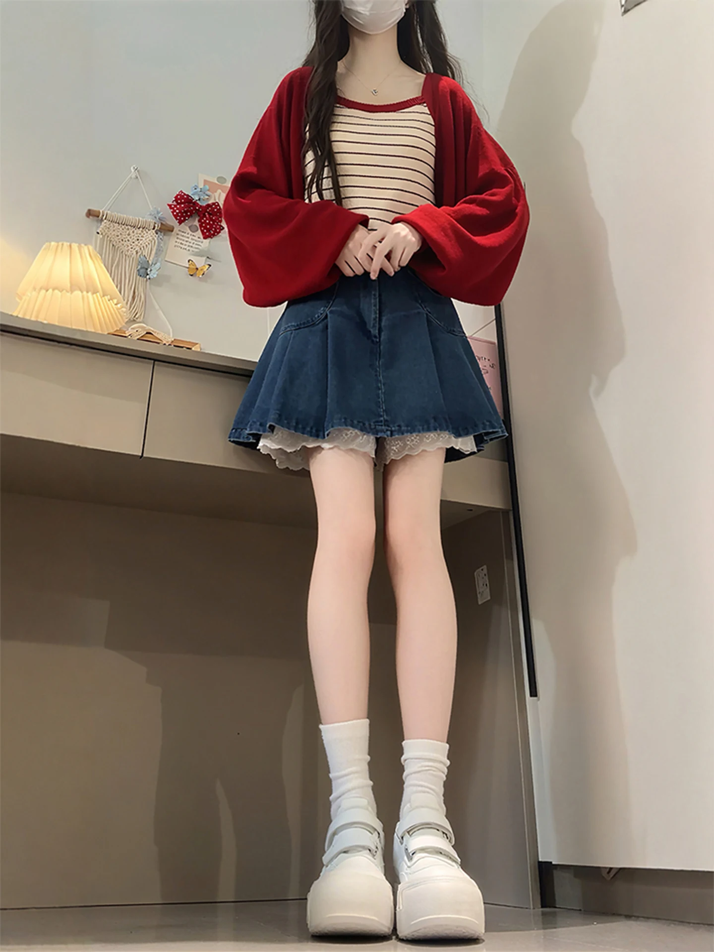 

Fall Faion plus Size Knitted Cardigan Tank Top Denim Skirt Set Cute Casual Sle Tee Piece Women's Ensemble