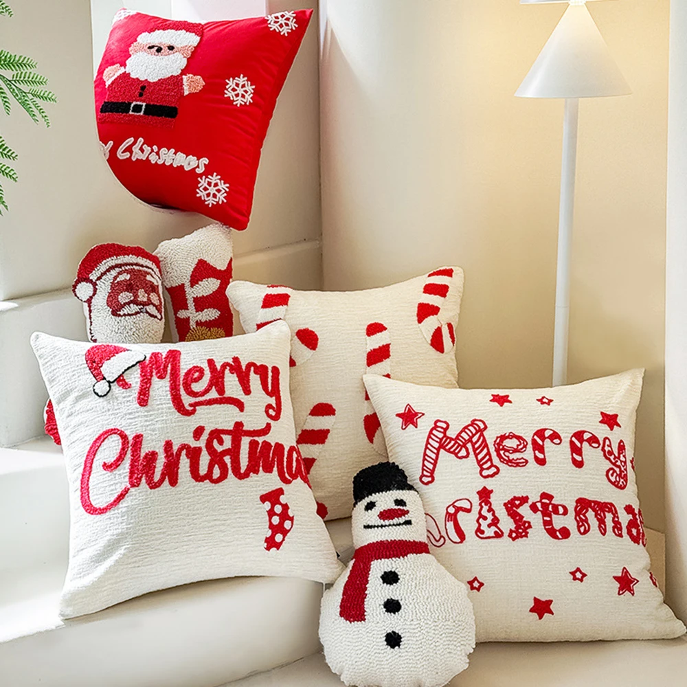 Christmas Embroidery Tufted Pillowcase Cojines Stick Christmas Hat Velvet Chenille Sofa Throw Pillow Cushion Covers 45x45cm
