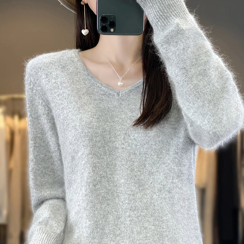 Autumn and Winter New Female Pure Mink Cashmere Sweater Woman V-neck Waist in Slimming Knit Jumper Fallow Fever Heat Warm Top