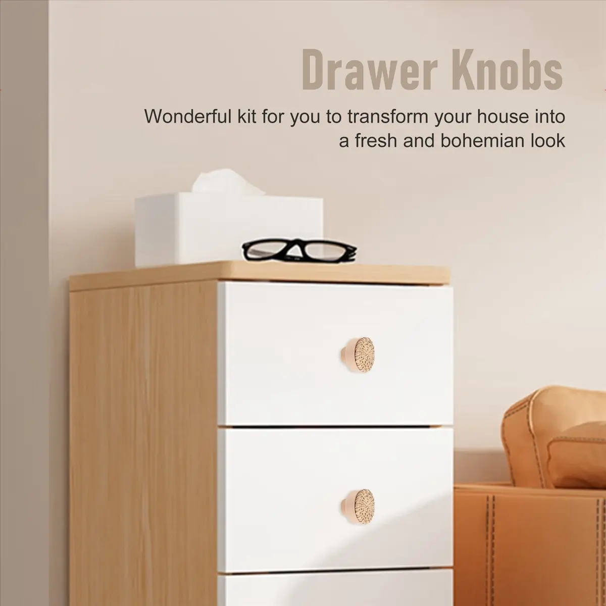 

ABNQ Boho Rattan Dresser Knobs Round Wooden Drawer Knobs Handmade Wicker Woven and Screws for Boho Furniture Knobs 6Pcs