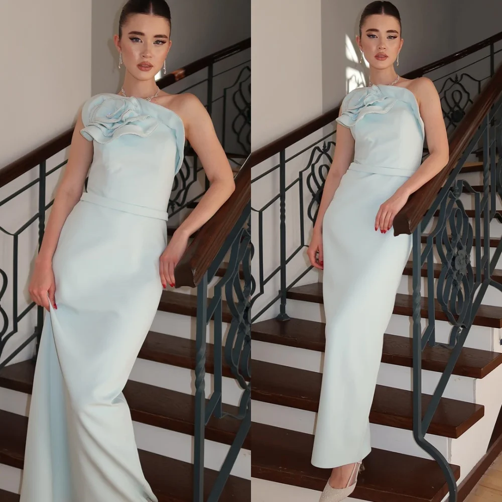 

Customized Soft Jersey Evening Dress Temperament One Shoulder Sleeveless Homecoming Dresses Elegant Flowers Vestido De Festa