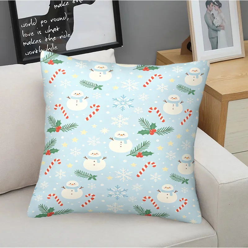 45x45cm 1Pc Christmas Microfiber Square Throw Pillow With Insert,Hidden Zipper, Machine Washable,Light Blue Snowman Candy Print