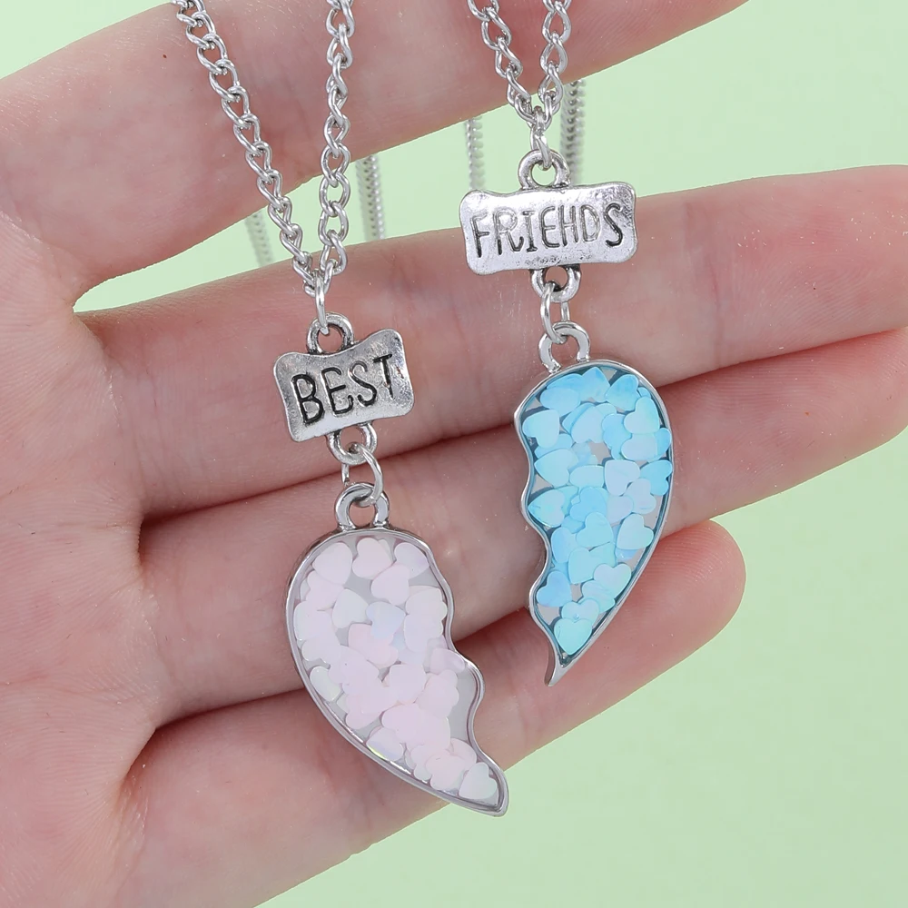 2 Pcs BFF Split Heart Glitter Enamel Necklaces Pink Blue Heart Confetti Pendant Friendship Jewelry Gift for Girls