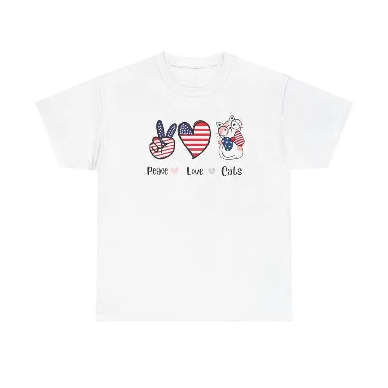 

Women's Patriotic Cat T-Shirt | "Peace Love Cats" USA Flag Graphic Tee | 4th of July Feline Lover Gift Top