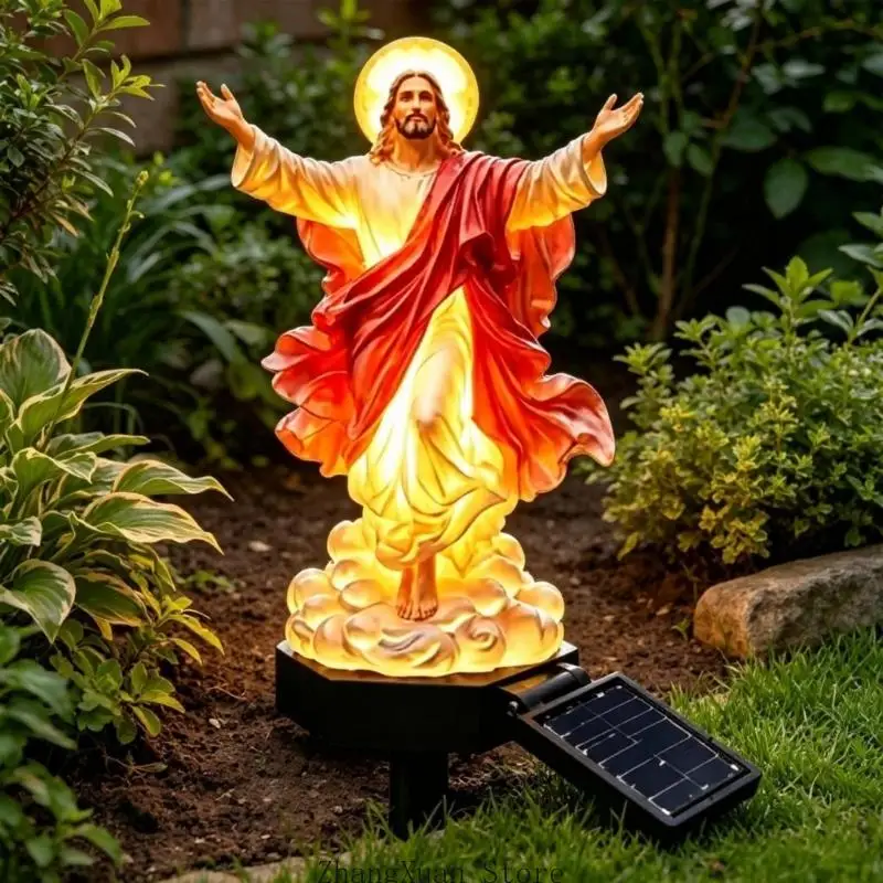 Resin Religious Figurine Stake Ornament with Solar Lamp for Garden Entry 3XUF