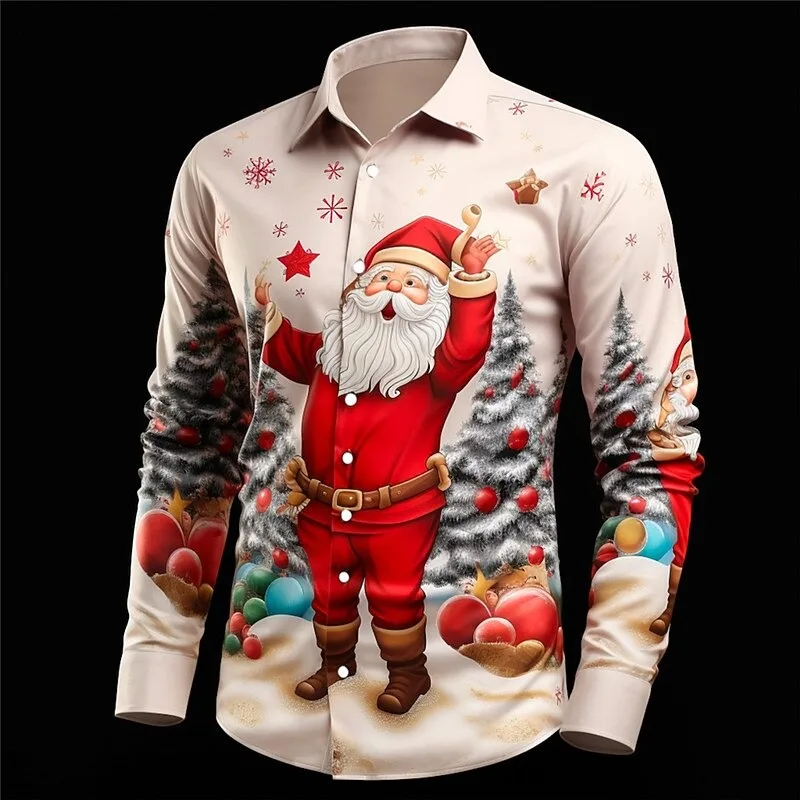 

Новая рождественская рубашка с рисунком Санта-Клауса, повседневная одежда в стиле ретро с 3D принтом и длинными рукавами, праздничная рубашка, топ