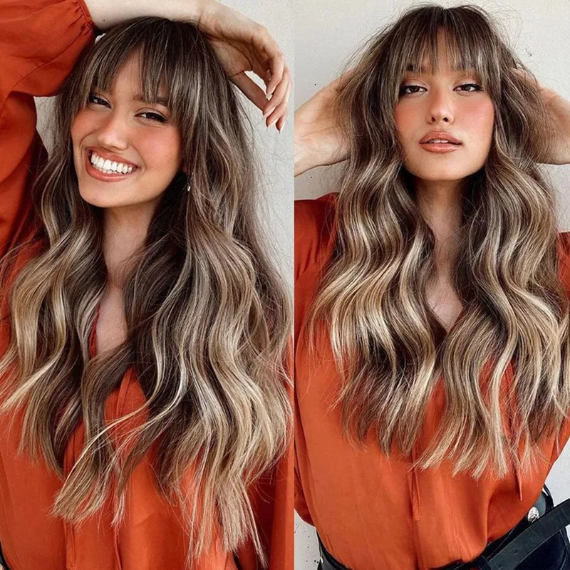 LOUIS FERRE Long Wave Brown Highlight Wigs with Bangs for Women Ombre Brown Synthetic Wig With Dark Roots Natural Looking Hair