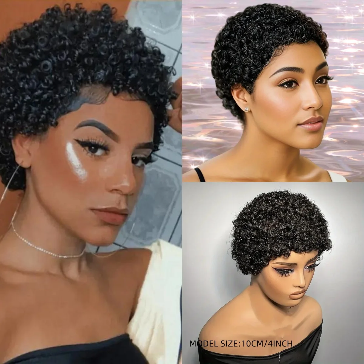 짧은 곱슬머리 가발 픽시컷 레미 인모 가발 여성용 아프로 곱슬곱슬한 가발 풀머신 메이드 가발