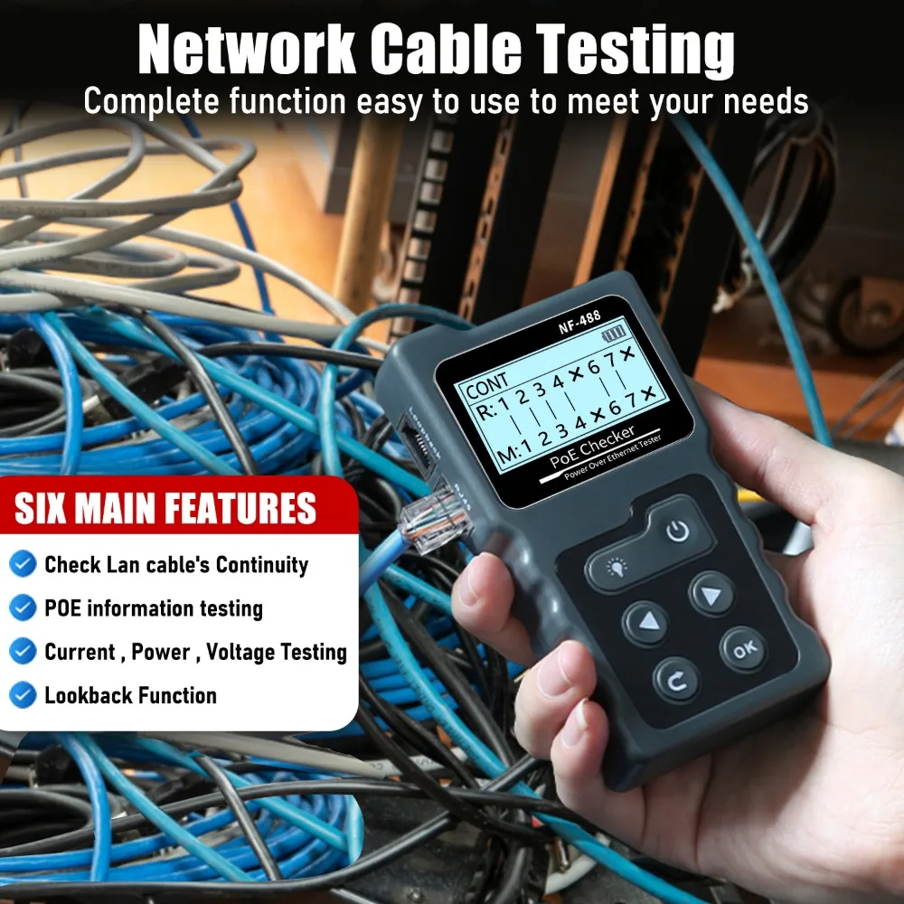 NOYAFA-Network Cable Tester, NF-488 Poe Ethernet Cable Tester, Continuity Tester, DC Power Switch, Loop-Back Test for CAT5e, CAT