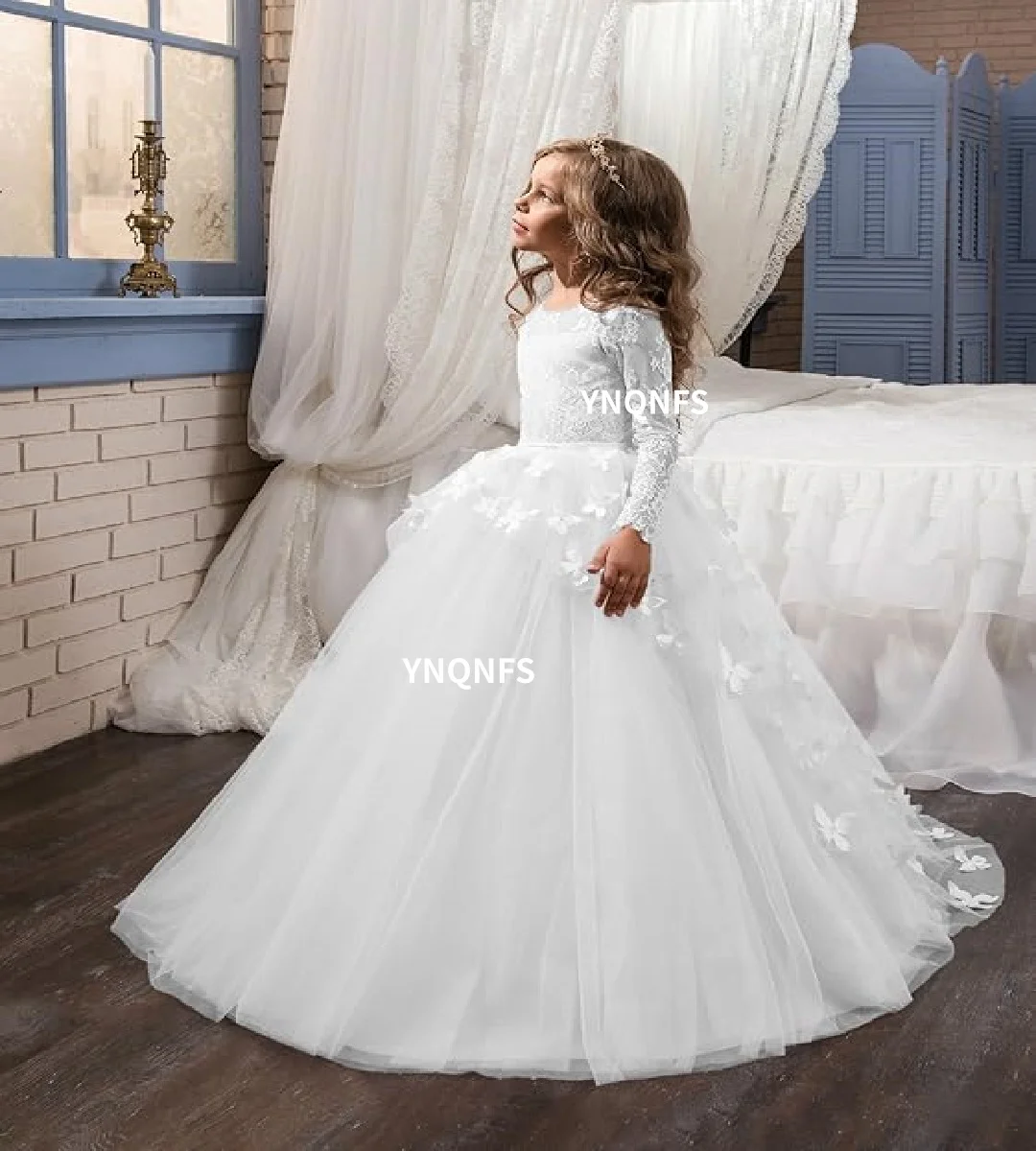 

YNQNFS свадебное платье с цветочным узором для девочек, кружевное платье с длинными рукавами для банкета, украшение в виде бабочки, разноцветное платье по индивидуальному заказу t03