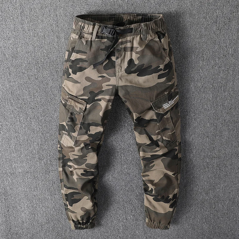 Men's Camouflage Joggers Cargo Pants Men Fashion Multi Pocket Buckle Drawstring Pants Casual Workwear Drawstring Trousers