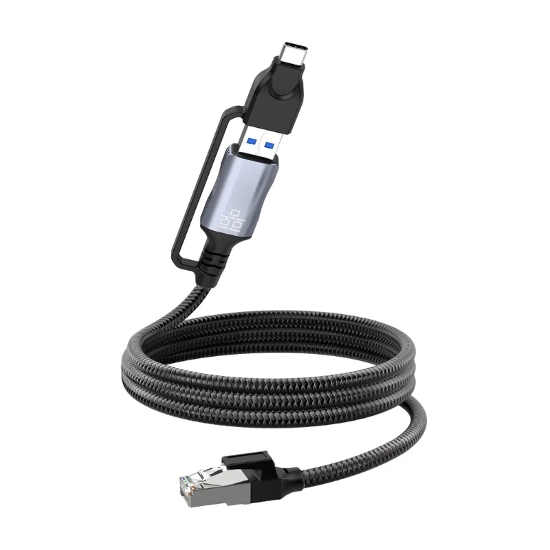Fast Speed USB & USB C To Ethernet 1.8m Braided Cord Wire for Laptops Tablets 83CF