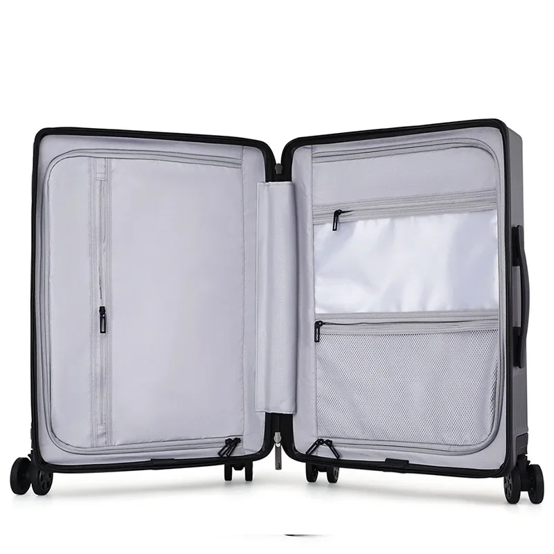 New Front open Aluminium frame trolley luggage,Business Travel Suitcase on wheel suitcase with laptop bag Zipper Rolling luggage