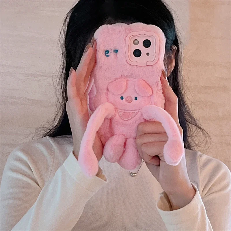 Plush Hair Fluff Toy Soft Cover Case for Huawei P40 P50 P60 Pura 70 Pro Warm Cute Pull The Pig Camera Protect Phone Case