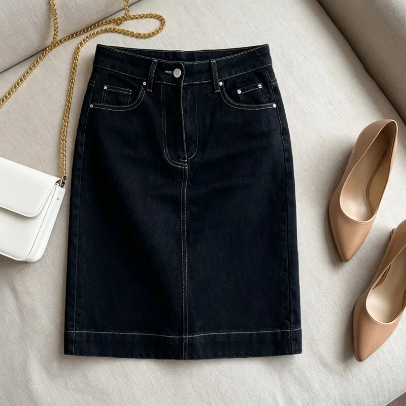 Denim Blue Elastic Hip Enhancing  Skirt Fashionable Comfortable Business Casual Spring Autumn Seasonal Zipper Closure
