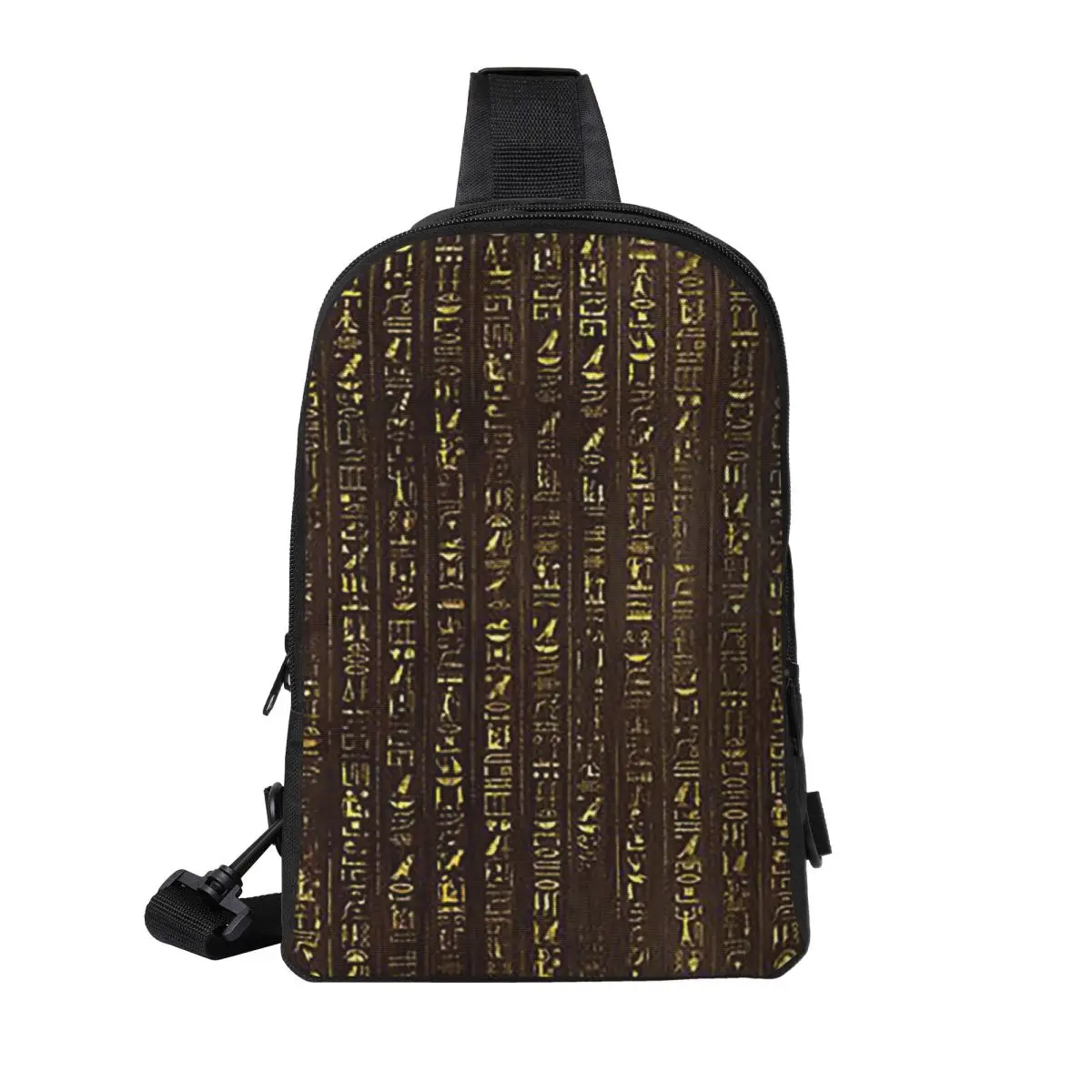 

Golden Egyptian And Hieroglyphics On Wood Chest Bag Men Sling Crossbody Backpack Chest Bag Traveling Hiking Daypack Shoulder Bag